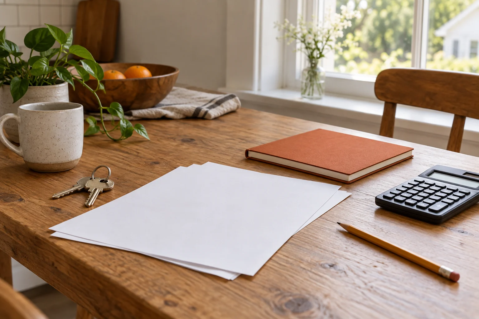Illustrative photograph of house keys, a notebook and a calculator