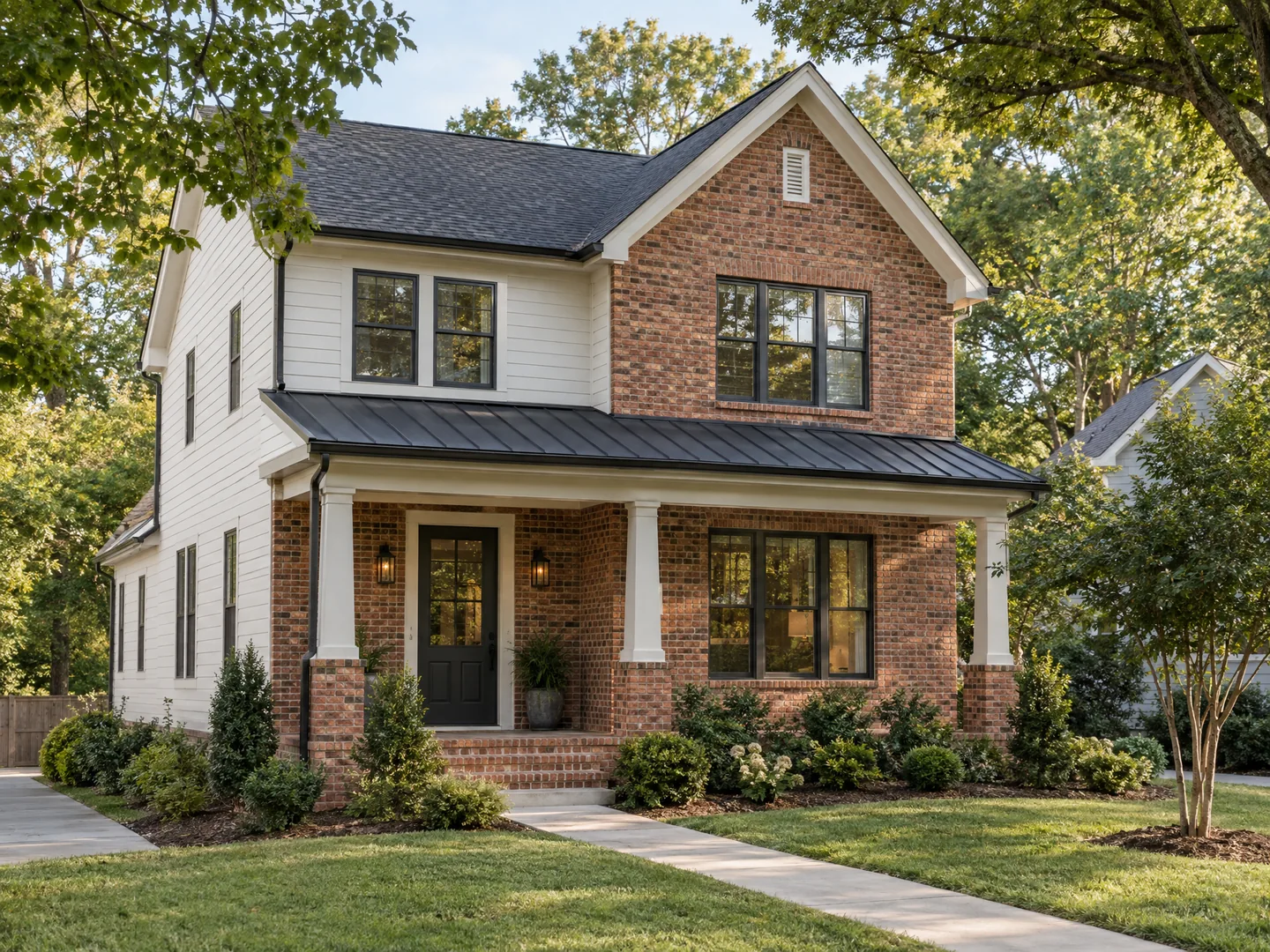 Illustrative Georgia-style home with a brick exterior, front porch, and mature trees